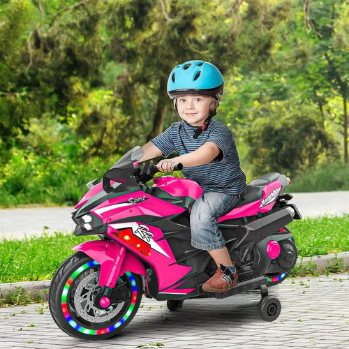 12V Electric Kids' Ride on Vehicles, Powered Toy Motorcycle, Child Motorcycle Ride on With Light Wheels and Bluetooth Music Pink AXSSIBLZ