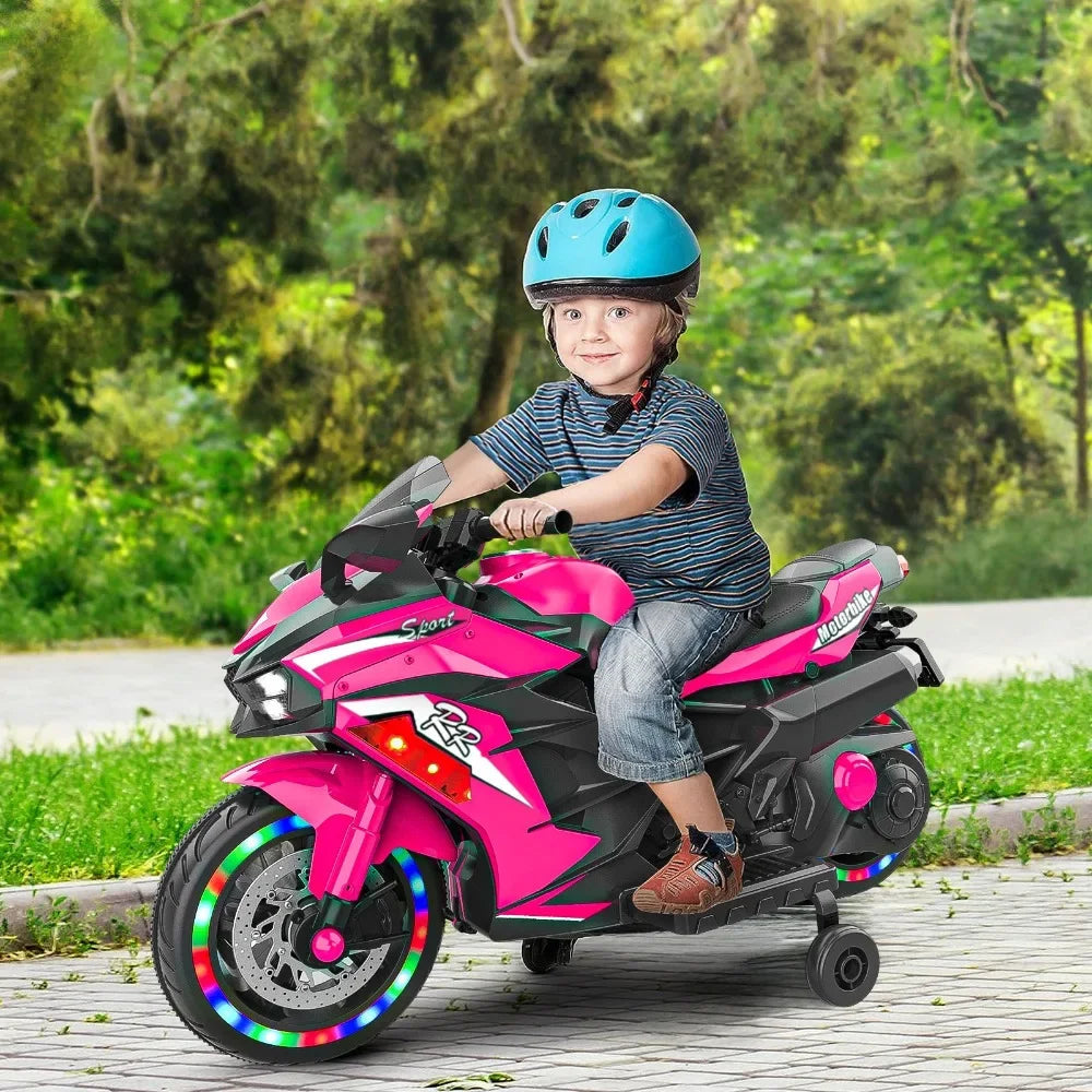 12V Electric Kids' Ride on Vehicles, Powered Toy Motorcycle, Child Motorcycle Ride on With Light Wheels and Bluetooth Music Pink AXSSIBLZ