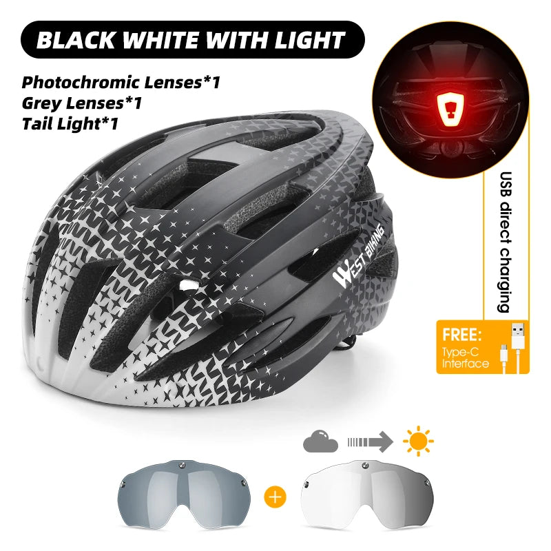 WEST BIKING Integrated Ultralight Bike Helmet With Taillight Goggle Men Women Cycling Safety Hat MTB Road Bike Motorcycle Helmet AXSSIBLZ