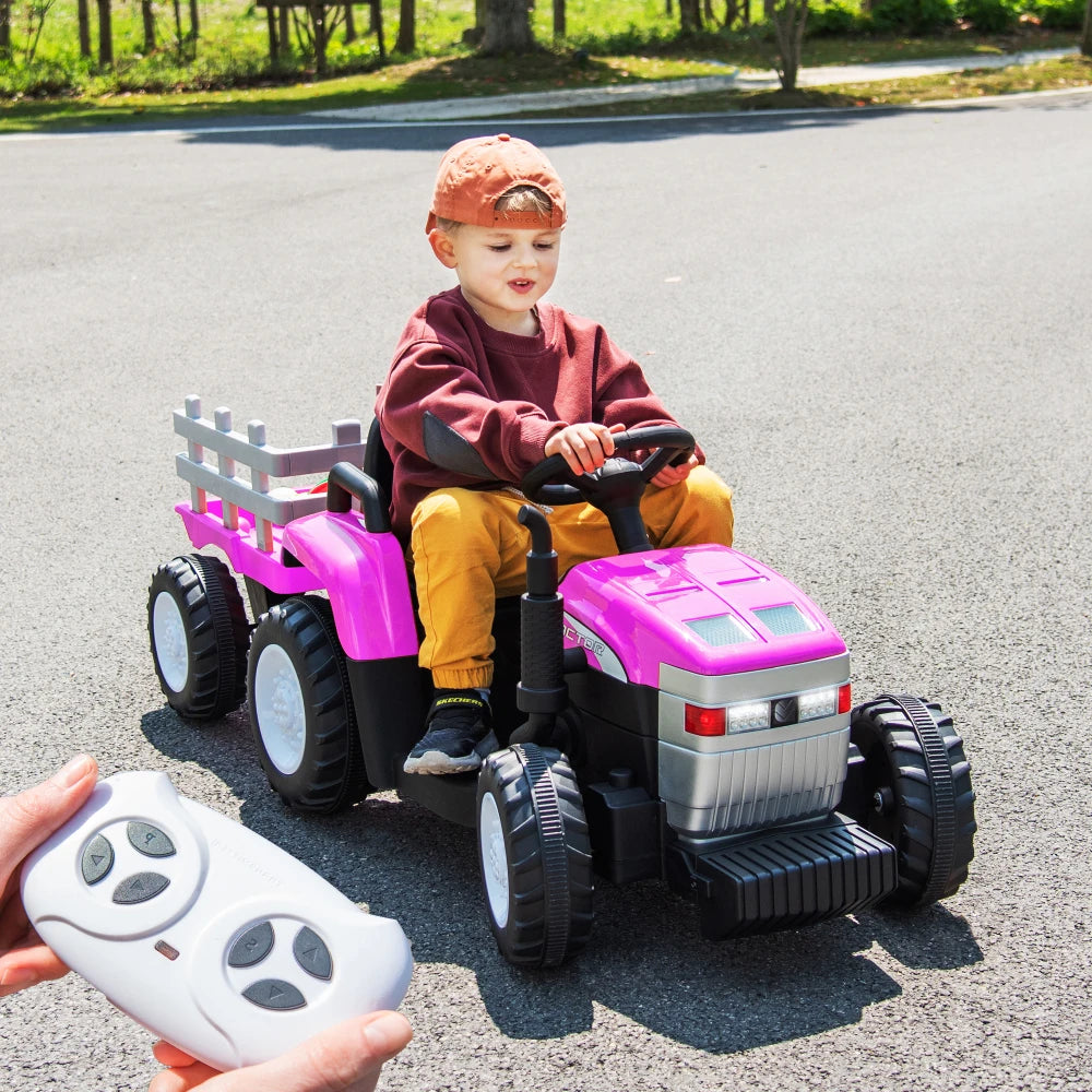 Pink, 12V7AH Battery-Powered Toy Tractor with Trailer, Remote Control, Kids' Electric Excavator Vehicles Treaded Tires AXSSIBLZ