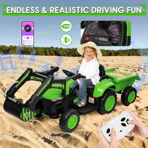 Kids 12V 3 in 1 Ride on Excavator & Tractor with Detachable Trailer, Ride on Car Toy with Remote Control, Digger, LED Lights AXSSIBLZ