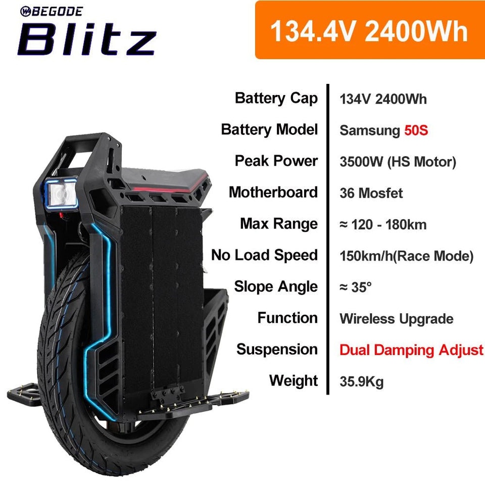 Original Begode Blitz 134.4V 2400Wh 50S battery Peak Power 3500W 36 Mosfet Motherboard Top Speed 150km/h Electric Unicycle AXSSIBLZ