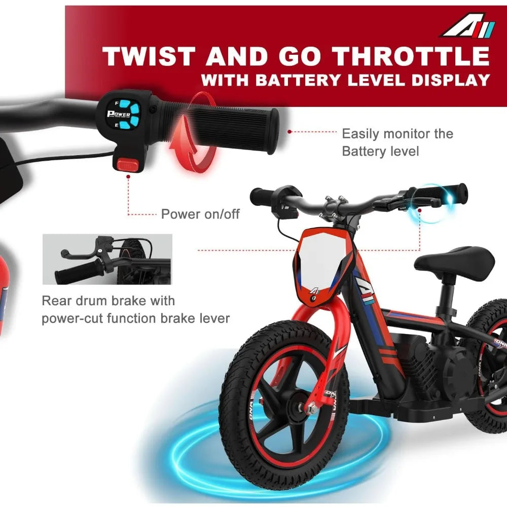 Adventure Mini 170/340W Electric Motorcycle – Kid's Off-Road Balance Bike, 10/12MPH, Perfect for Ages 3-12 AXSSIBLZ