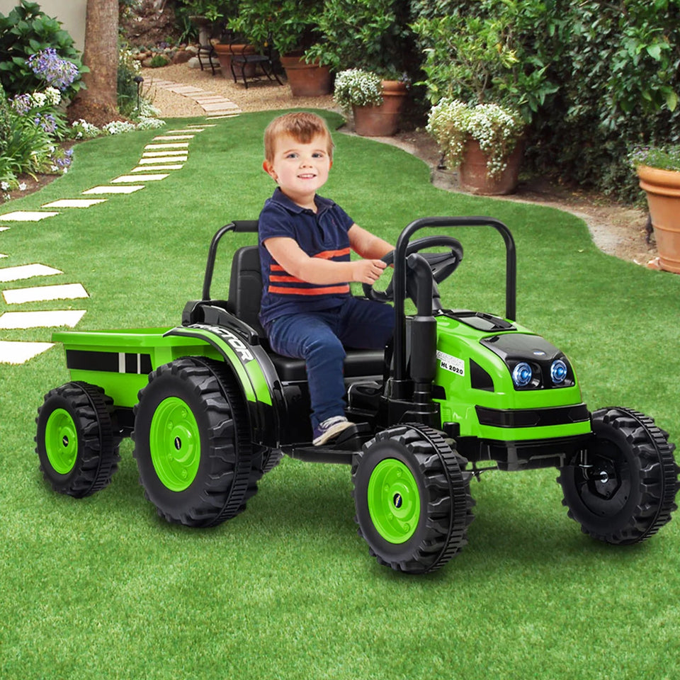 12V Kids Ride-On Tractor with Trailer,Remote Control,Music,LED Light,Rear Wheels Suspension,Battery Powered Electric Vehicle Toy AXSSIBLZ