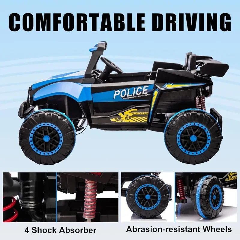 24V Police Car for Boys & Girls Ride on Toys with Remote Control 6.21 Mph Max Speed, 4 Spring Suspension (Blue) AXSSIBLZ