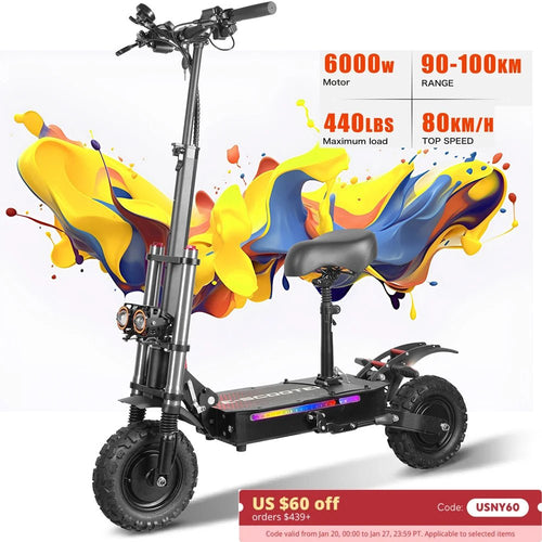 50Mph Fast Electric Scooter with Seat for Adults Load 440lbs 6000W Powerful Dual Motor Hydraulic Suspension Electric Scooter AXSSIBLZ