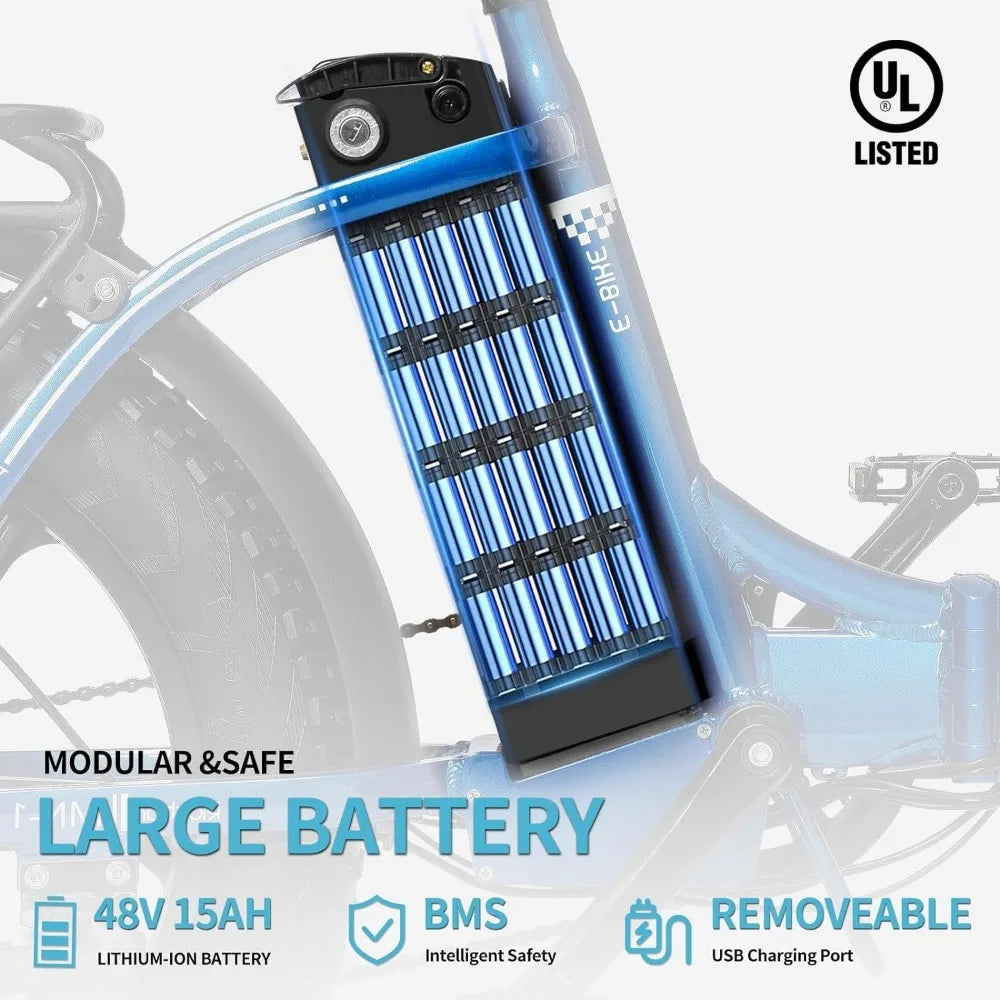 VoltCruise 1000W/1500W Electric Folding Bike – 48V Removable Battery, 30 MPH, 20''/26'' Fat Tires, 7-Speed AXSSIBLZ