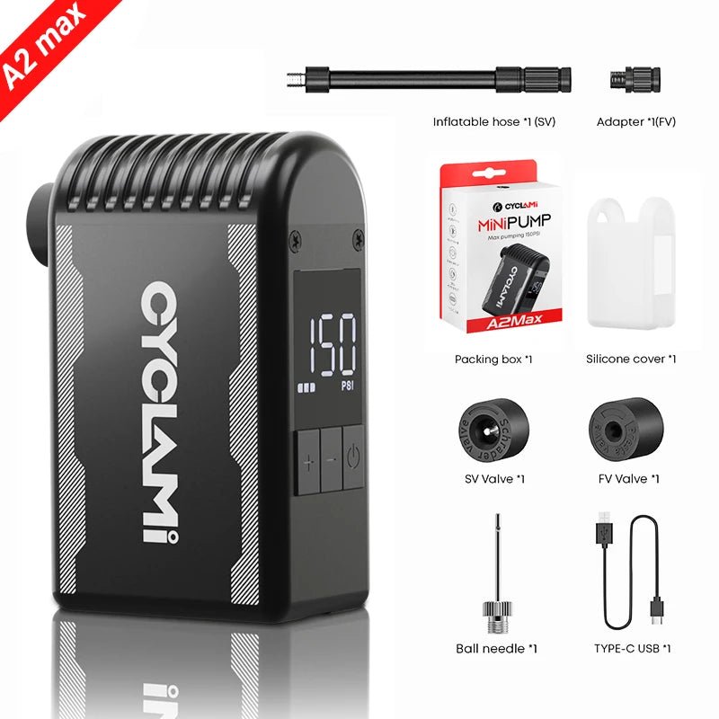 CYCLAMI RidePlus Mini Cordless Bike Pump 120PSI Portable Inflator for Presta & Schrader Tires – Ideal for MTB & Road Bikes AXSSIBLZ