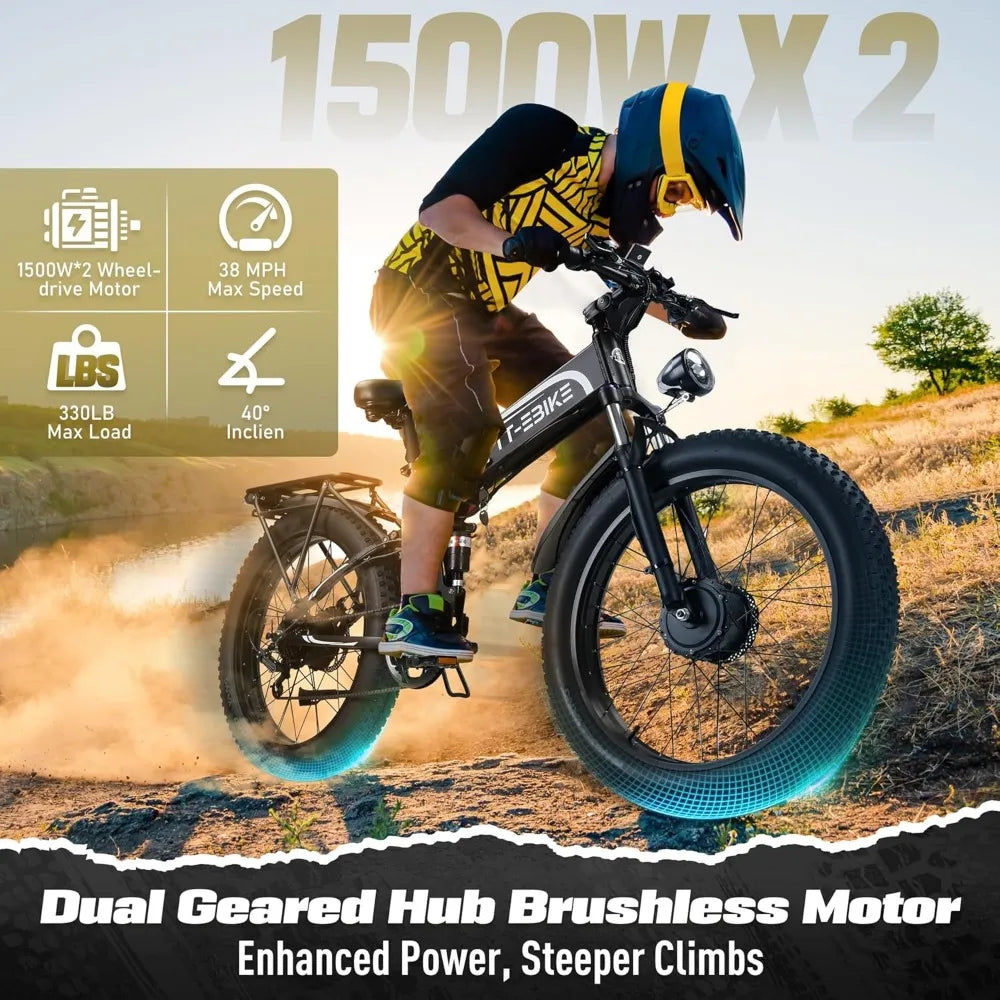 26 inch PowerFold 3000W Fat Tire Folding E-Bike – 52V 28AH, 40 MPH Speed AXSSIBLZ