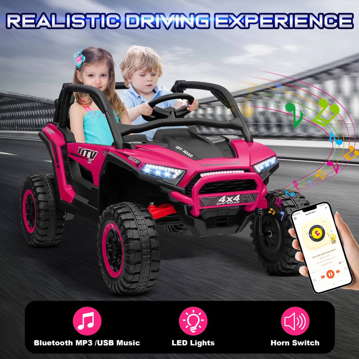 24V Ride on Car for Kids 2 Seater, 4x4 Off-Road UTV Toy w/ 3-Speed Remote Control, 4WD Powerful Motors, 18" Large Seat, AXSSIBLZ