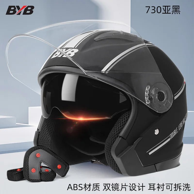 Motorcycle Open Face Helmet For Men And Women Dual Lens Sun Visor Face Shield Top Lightweight Scooter Bike Retro 3/4 Helmet AXSSIBLZ