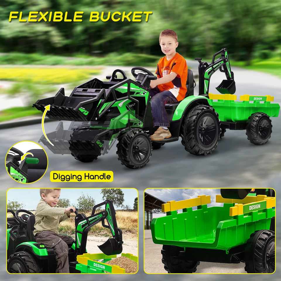 3 in 1 Ride on Tractor, Excavator & Bulldozer, 24V Electric Vehicle w/Trailer, Shovel Bucket, Digger, Remote Control, EVA Tires AXSSIBLZ