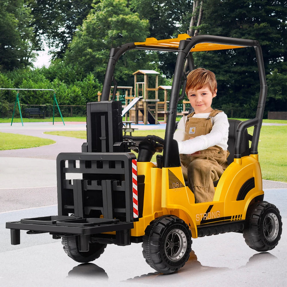 12V Kids Ride on Forklift Car with Tent, Electric Ride On Construction Car with RC, Liftable Fork and Pallet, 2 Speeds, Music, U AXSSIBLZ