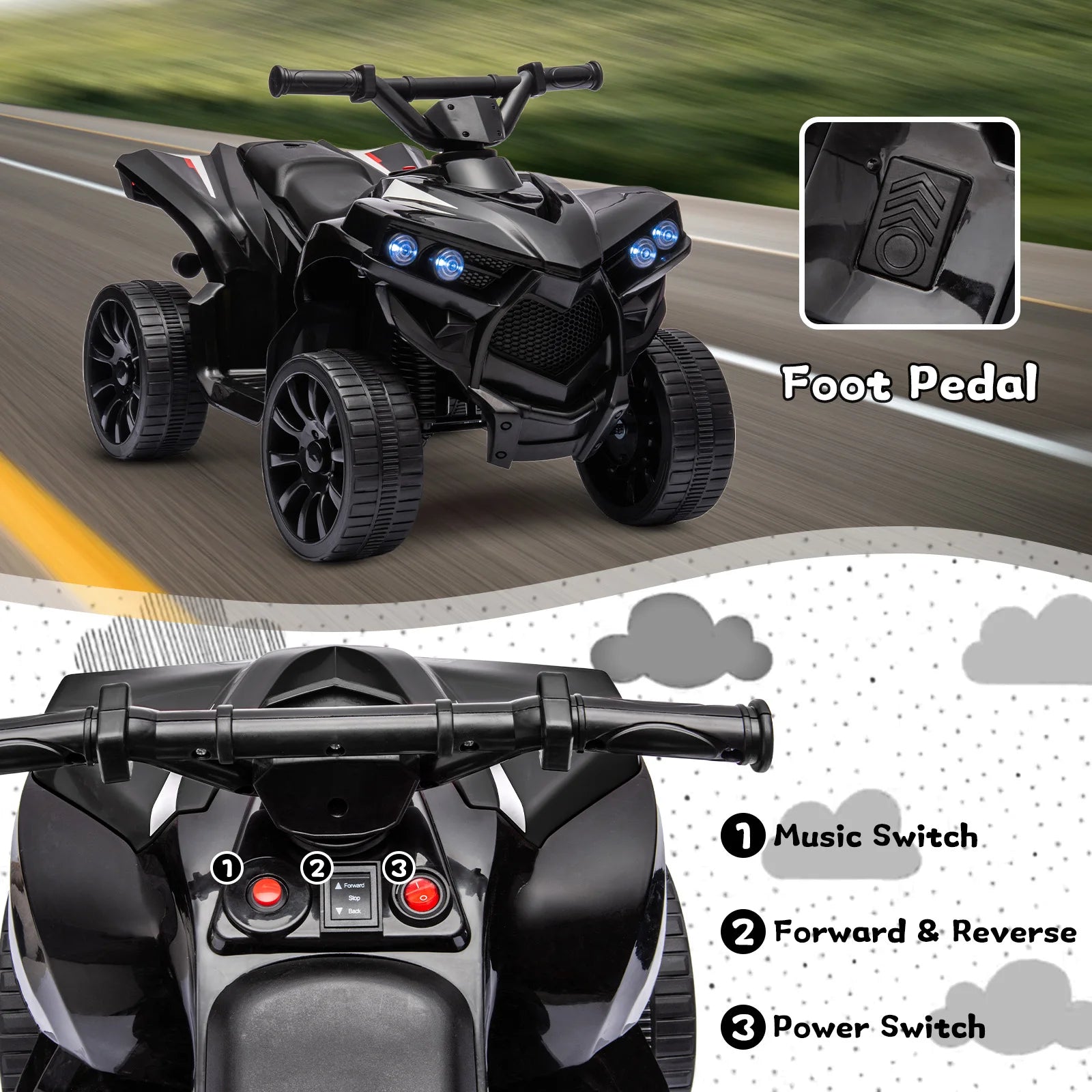 Kids 6V ATV, Ride on Quad Car Toy with LED Lights, Music, Foot Pedal Wear-Resistant Wheels, Battery Powered Electric Vehicle AXSSIBLZ