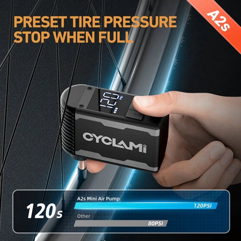 CYCLAMI RidePlus Mini Cordless Bike Pump 120PSI Portable Inflator for Presta & Schrader Tires – Ideal for MTB & Road Bikes AXSSIBLZ