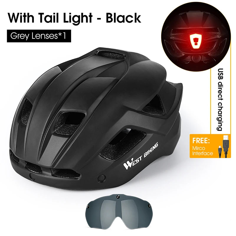 WEST BIKING Integrated Ultralight Bike Helmet With Taillight Goggle Men Women Cycling Safety Hat MTB Road Bike Motorcycle Helmet AXSSIBLZ