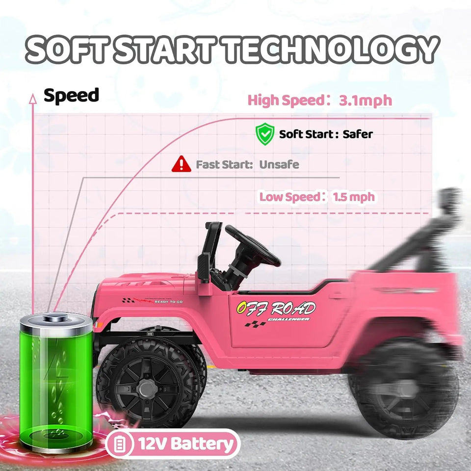 12V Ride On Truck Car with Remote Control, Kids Electric Vehicles with Bluetooth Music, Horn, 3 Speeds, 4 LED Lights, Soft Start AXSSIBLZ