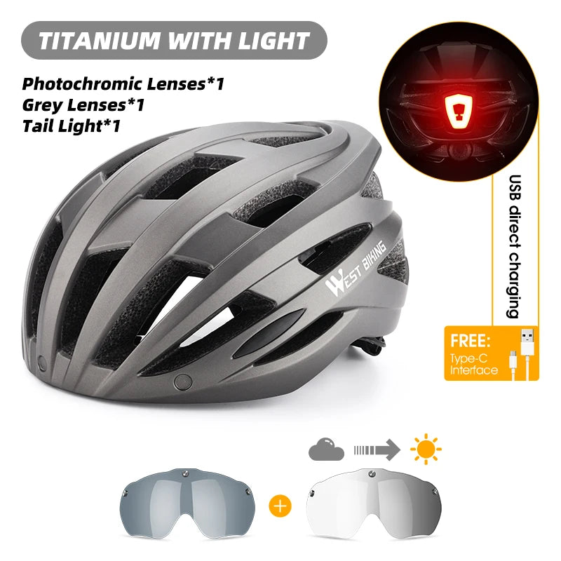 WEST BIKING Integrated Ultralight Bike Helmet With Taillight Goggle Men Women Cycling Safety Hat MTB Road Bike Motorcycle Helmet AXSSIBLZ