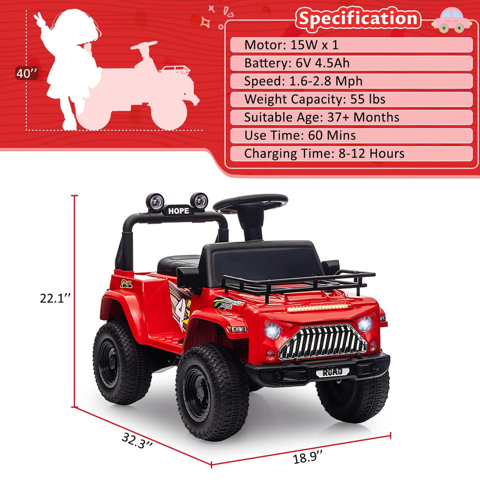 6V Ride On Car Battery Powered Electric Car for Kids with LED Light FM Horn Rear Storage Riding 4 Wheels Toy for Aged 3-6 Years AXSSIBLZ
