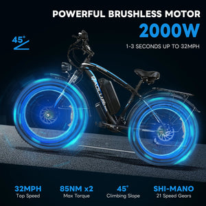 Baolujie 2000W Electric Bike with 20AhRemovable Battery 26"×4"Fat Tire Ebike for Adults 35MPH 80MilesElectric Bicycles AXSSIBLZ