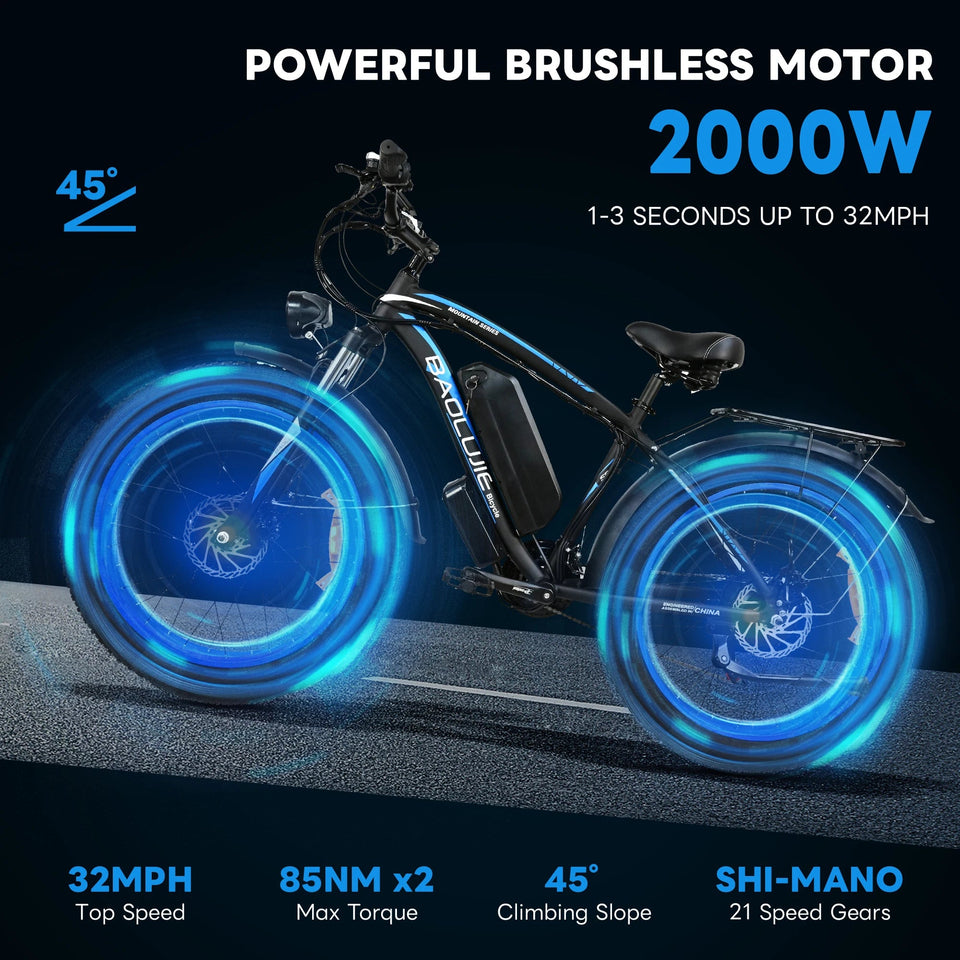 Baolujie 2000W Electric Bike with 20AhRemovable Battery 26"×4"Fat Tire Ebike for Adults 35MPH 80MilesElectric Bicycles AXSSIBLZ