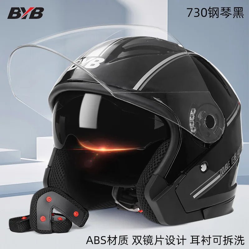 Motorcycle Open Face Helmet For Men And Women Dual Lens Sun Visor Face Shield Top Lightweight Scooter Bike Retro 3/4 Helmet AXSSIBLZ