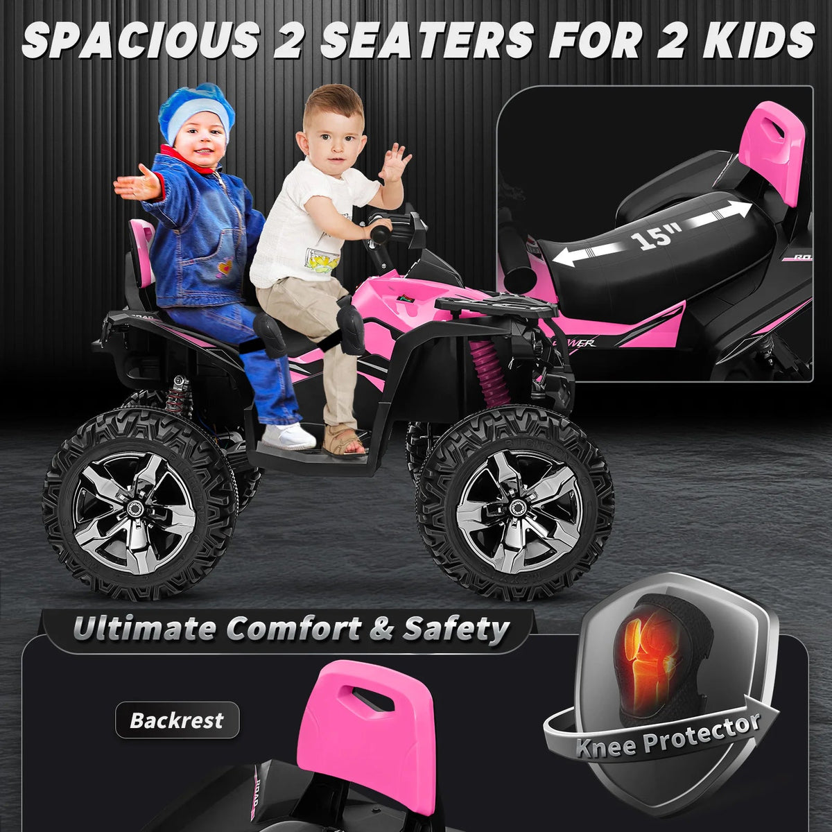 4x4 24V Kids Ride on ATV w/ Remote, 2 Seater Powerful 4-Wheeler Quad Electric Car, 800W Motor Ride on Toys w/ High/Low Speed AXSSIBLZ