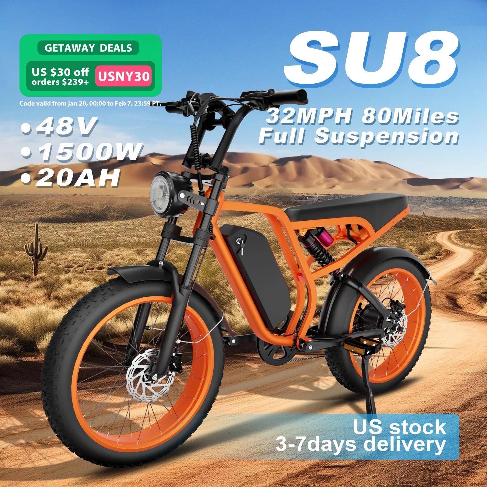 SU8 Model Electric Bike 48V 1500W Motor, 35MPH Speed, 75-Mile Range, Detachable Battery