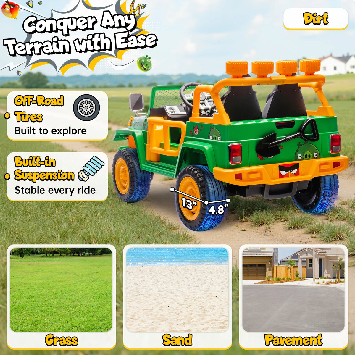 Funappy Birthday on Wheels Kids Electric Ride-On Car – 4WD Off-Road, Dual Seats, Remote Control, Bluetooth, for Ages 3-8 AXSSIBLZ