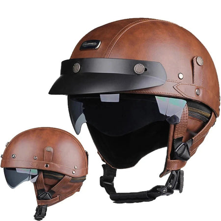 Motorcycle Helmet Retro PU Four Fashion Helmet Ride Half Scooter Helmet Motorcycle For Men And Women AXSSIBLZ