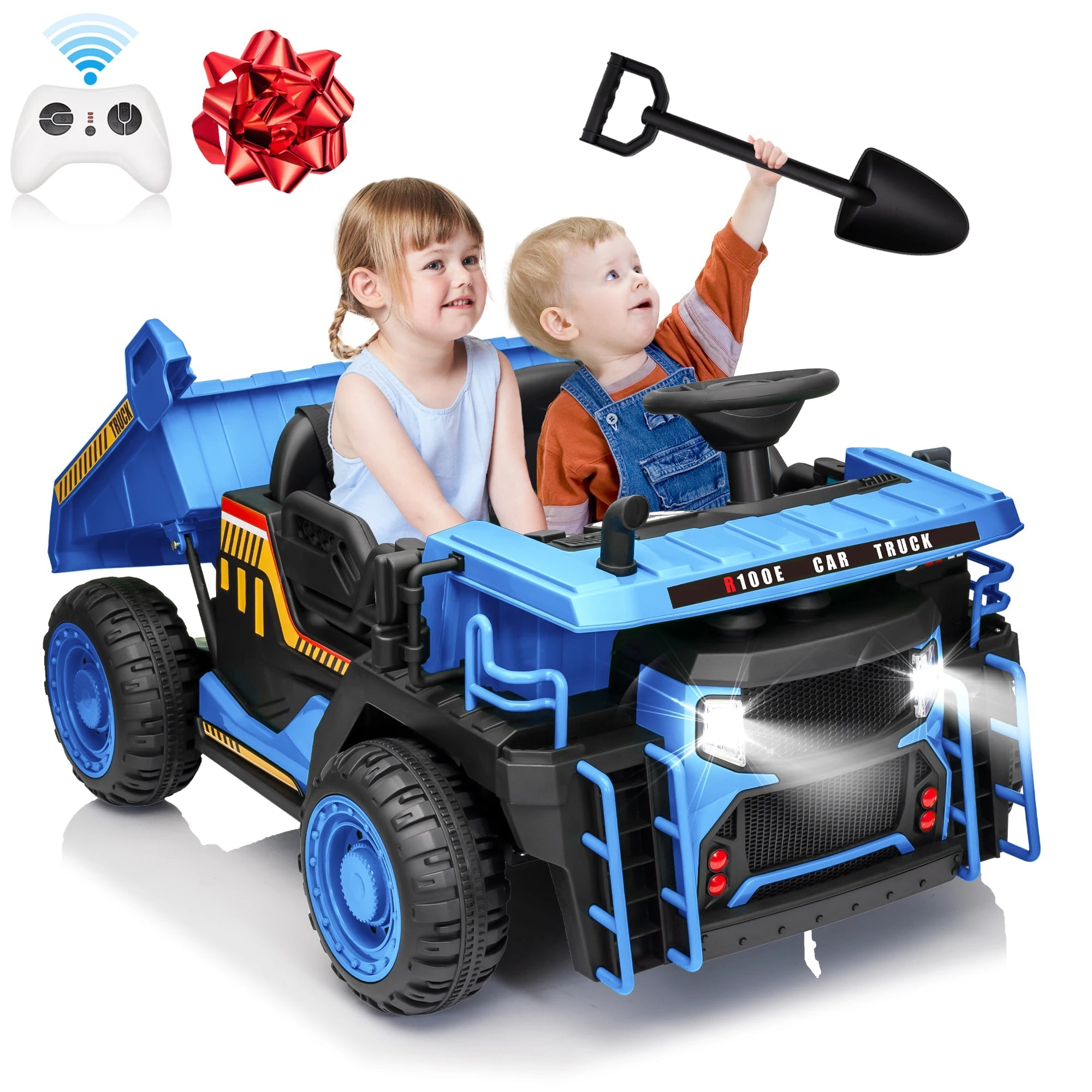 24V Ride on Toys w/Remote Control, 2 Seater 400W Ride on Dump Truck, Electric Powered Ride on w/Dump Bed, 3 Speeds, Shovel, Blue AXSSIBLZ