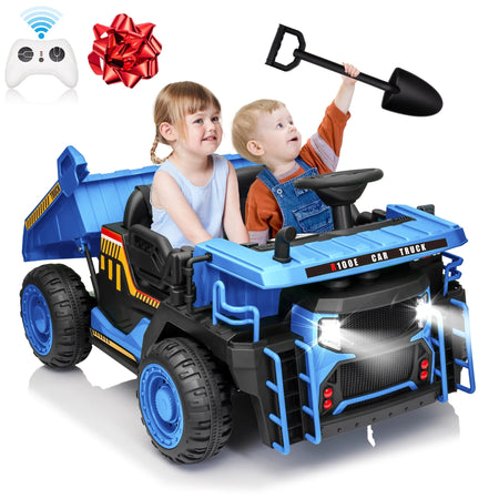 24V Ride on Toys w/Remote Control, 2 Seater 400W Ride on Dump Truck, Electric Powered Ride on w/Dump Bed, 3 Speeds, Shovel, Blue AXSSIBLZ