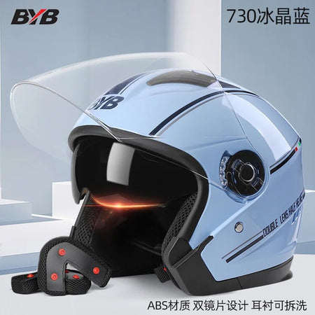 Motorcycle Open Face Helmet For Men And Women Dual Lens Sun Visor Face Shield Top Lightweight Scooter Bike Retro 3/4 Helmet AXSSIBLZ