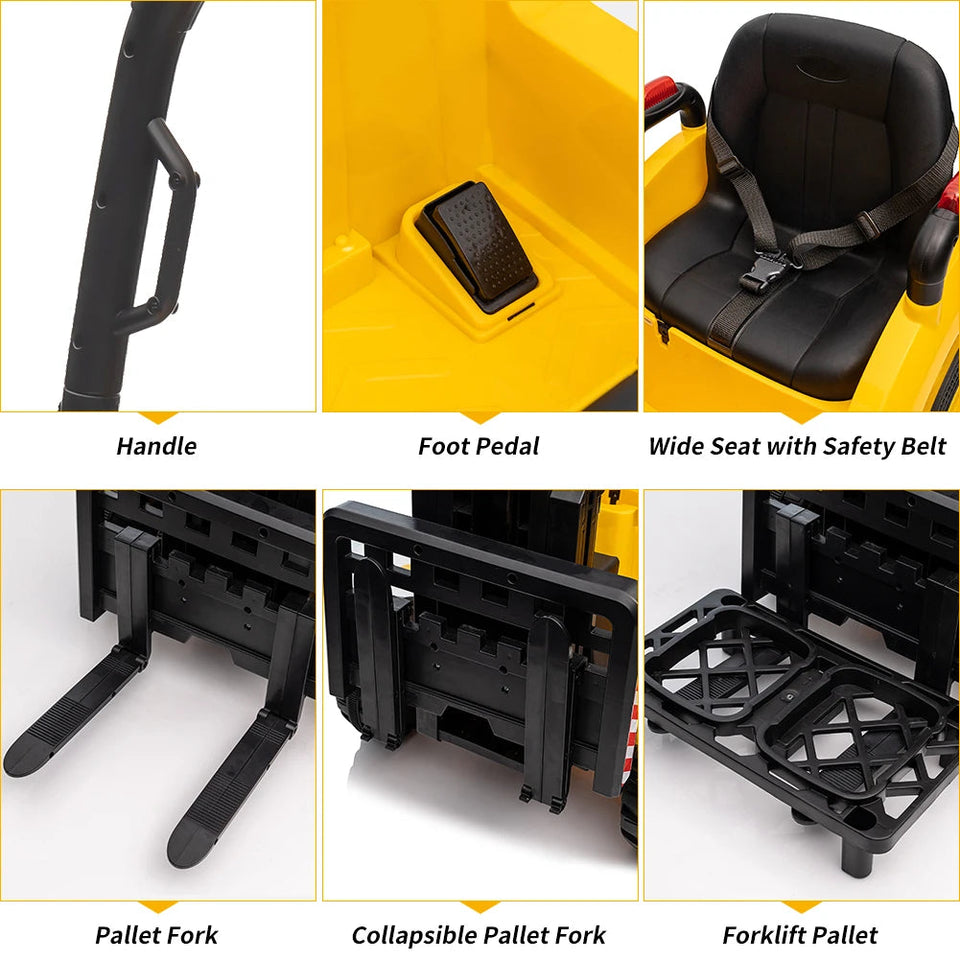 12V Kids Ride on Forklift Car with Tent, Electric Ride On Construction Car with RC, Liftable Fork and Pallet, 2 Speeds, Music, U AXSSIBLZ