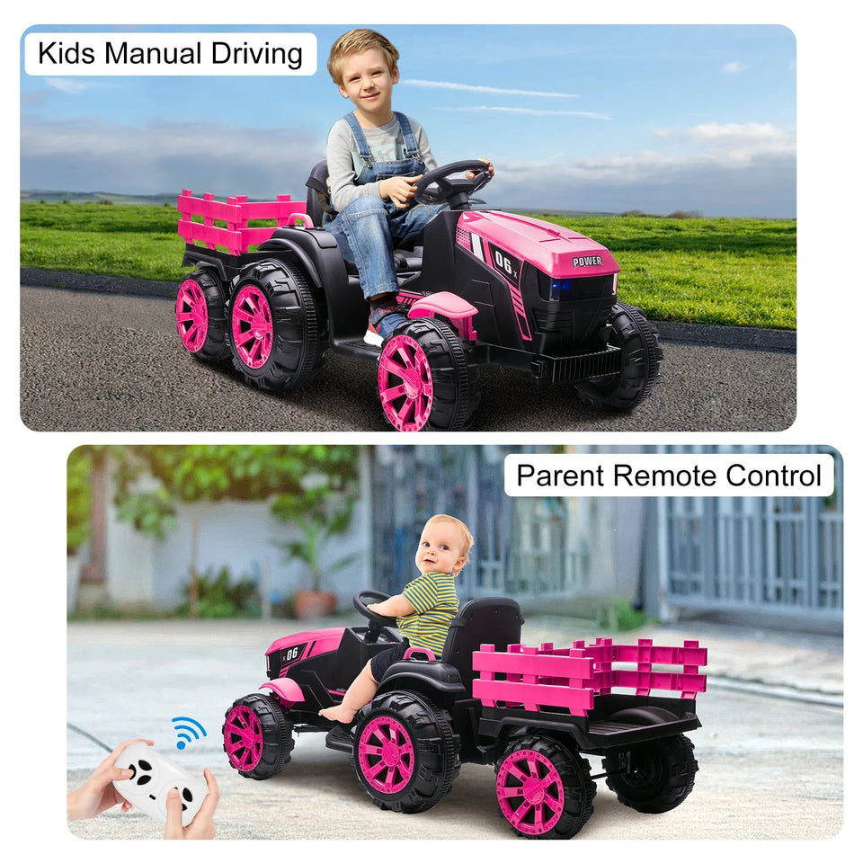 Kids Ride On Tractor with Trailer 12V Battery Powered Electric Kids Car Vehicle Toys with Dual Motors,Remote Control,LED Lights AXSSIBLZ