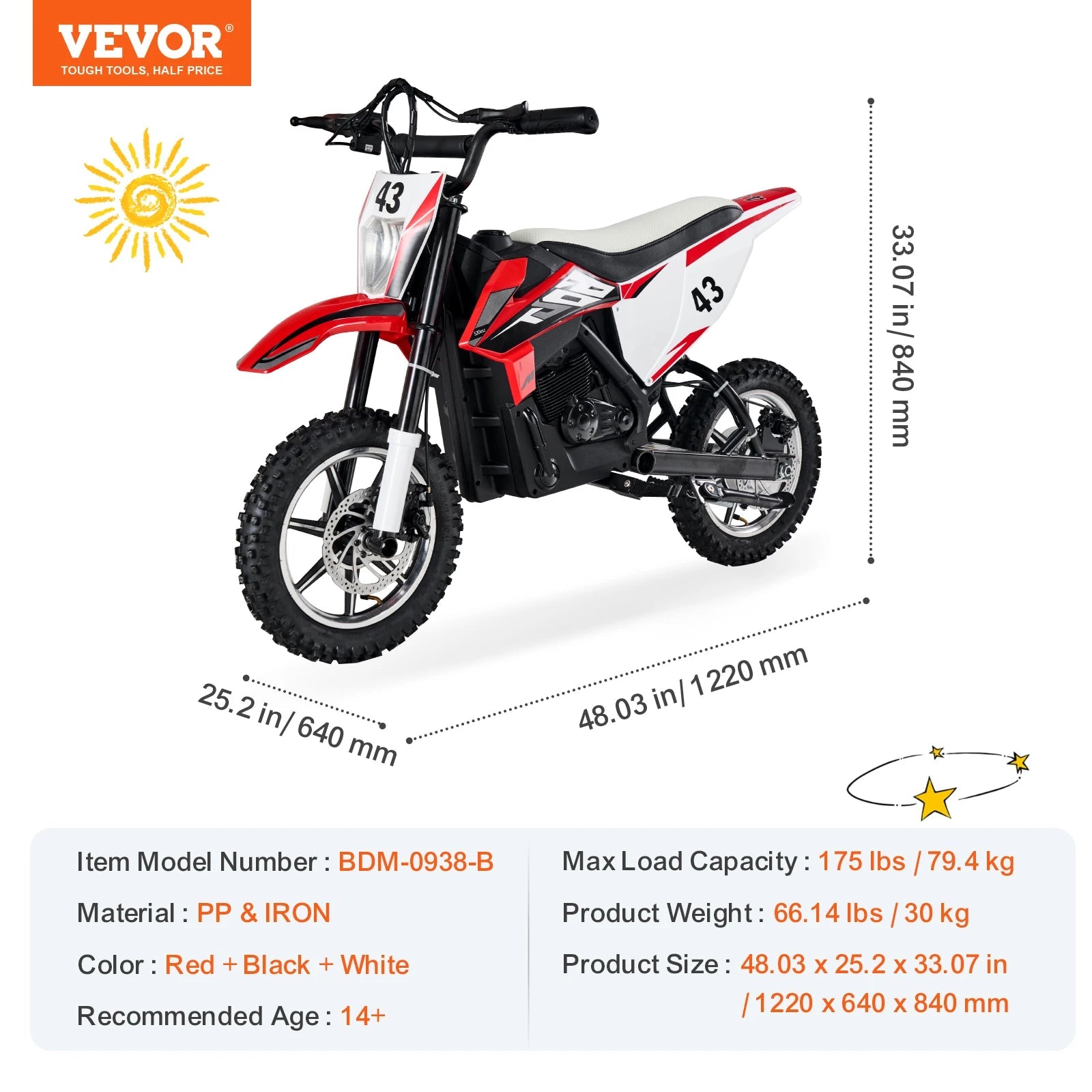 VEVOR 36V Kids Ride On Motorcycle with Speed up to 15.5mph LED Light Battery Gauge Electric Motorcycle Toys for Children Boys AXSSIBLZ