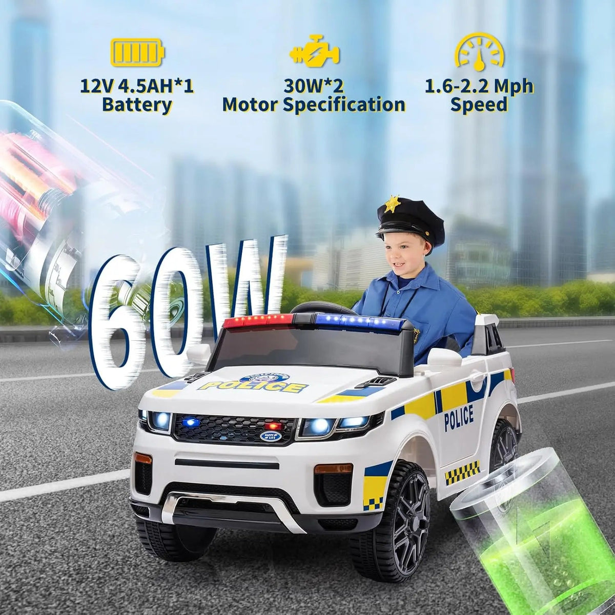 12V Kids Ride On Police Car SUV Toddlers Electric Cars Battery Operated Ride On Toy with 2.4G Remote Control, Megaphone, Light AXSSIBLZ