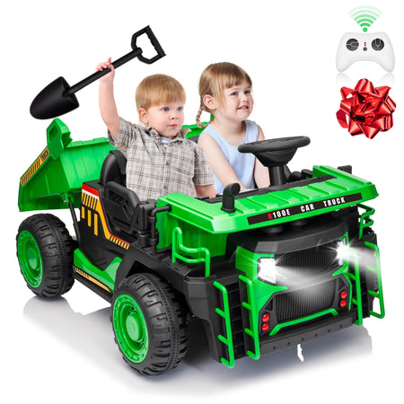 24V Ride on Toys w/Remote Control, 2 Seater 400W Ride on Dump Truck, Electric Powered Ride on w/Dump Bed, 3 Speeds, Shovel, Blue AXSSIBLZ