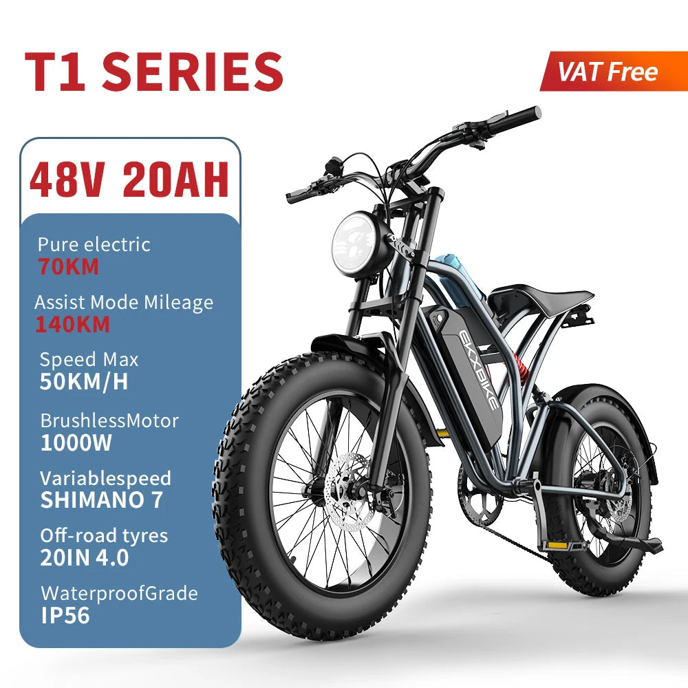 EKX T1 Electric Bike 20‘’ 4.0 Fat Tires 1000W Motor 48V20AH Lithium Battery Road Electric Bicycle For Adults Mountain E-Bike MTB AXSSIBLZ