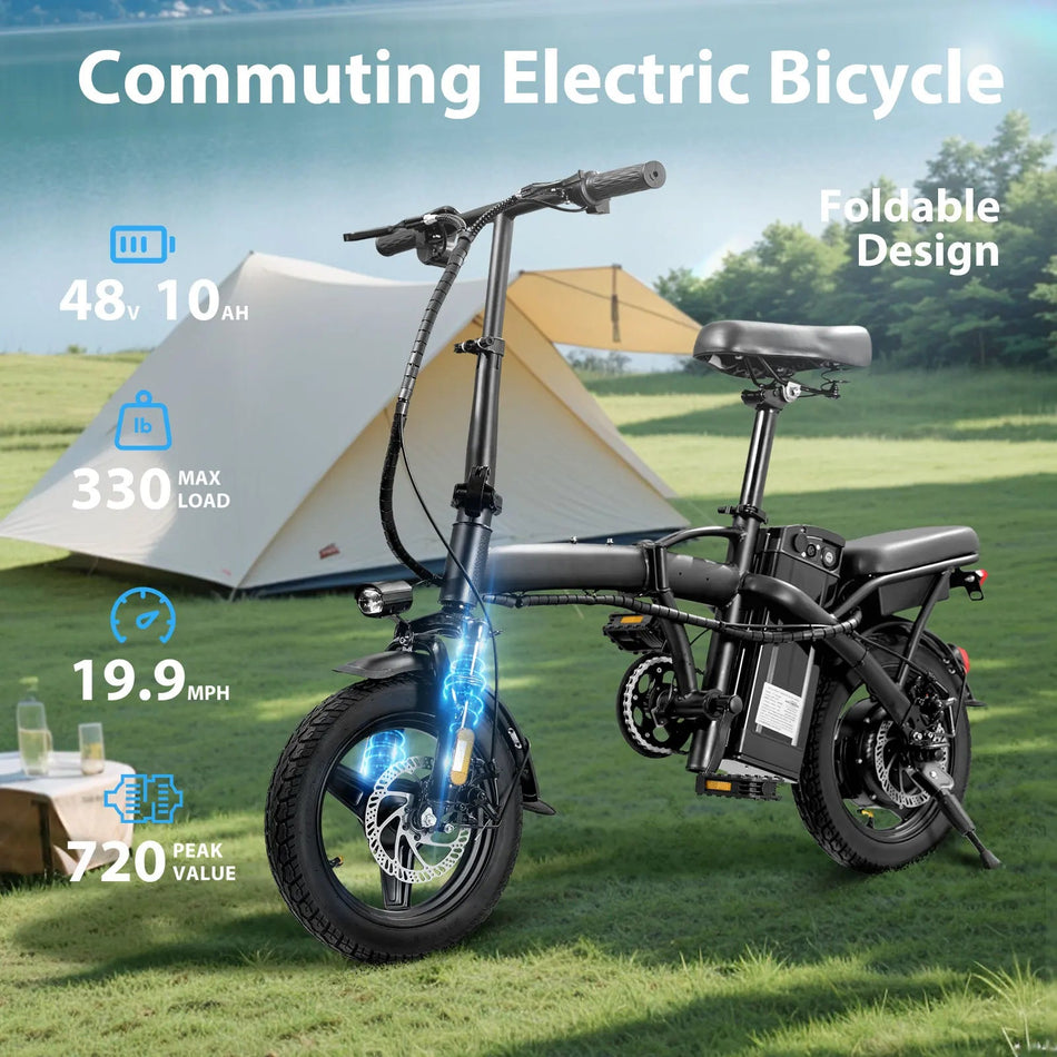400W motor adult electric bicycle, foldable with seat and basket, 14 inch 48V 10.4Ah detachable battery, 22 mile range 20MPH AXSSIBLZ