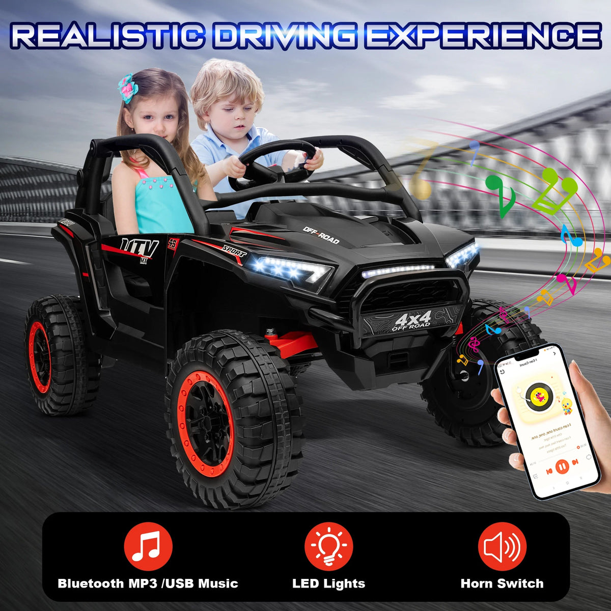 24V Ride on Car for Kids 2 Seater, 4x4 Off-Road UTV Toy w/ 3-Speed Remote Control, 4WD Powerful Motors, 18" Large Seat, AXSSIBLZ