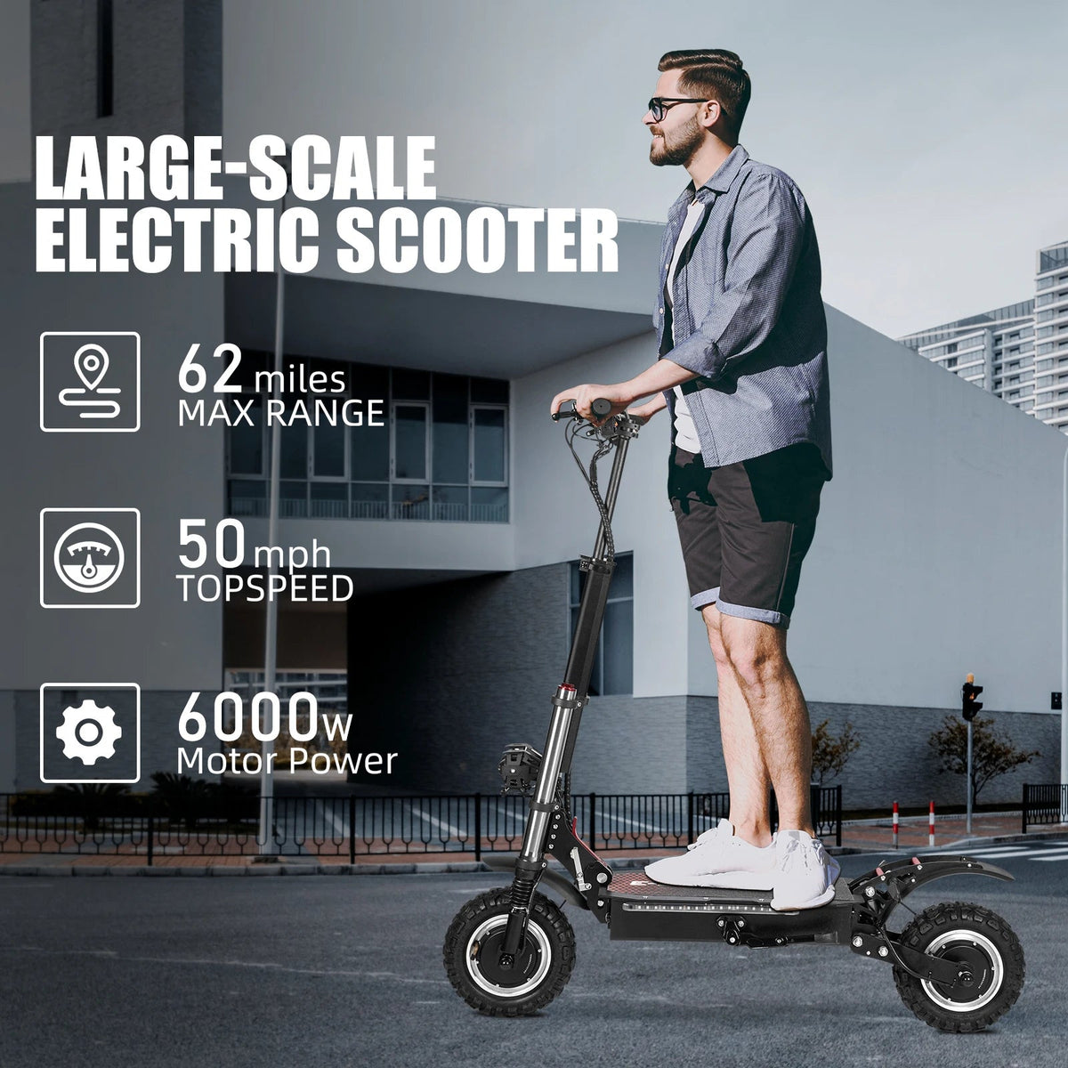 6000W High Power Adult Electric Scooter  Off-Road Commute Foldable 60V 38Ah Large Battery 60 Miles Range 50 Mph Fast E-Scooter AXSSIBLZ
