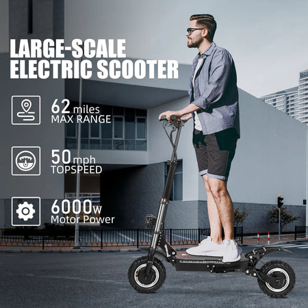 6000W High Power Adult Electric Scooter  Off-Road Commute Foldable 60V 38Ah Large Battery 60 Miles Range 50 Mph Fast E-Scooter AXSSIBLZ