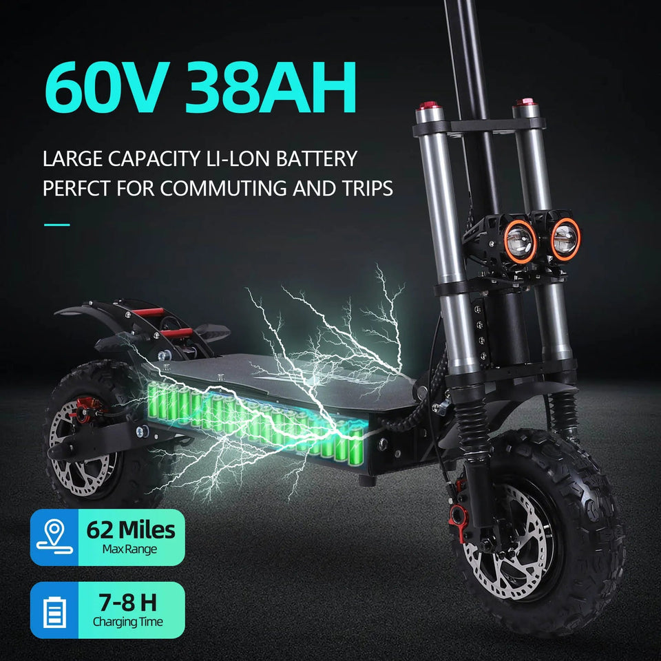 Portable Electric Scooter With 11'' Off Road Vacuum Tire,6000W 60V 38Ah High Power,Max Speed 80-85KMH,Dual Motor Drive E-scooter AXSSIBLZ