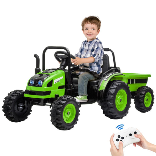 12V Kids Ride-On Tractor with Trailer,Remote Control,Music,LED Light,Rear Wheels Suspension,Battery Powered Electric Vehicle Toy AXSSIBLZ