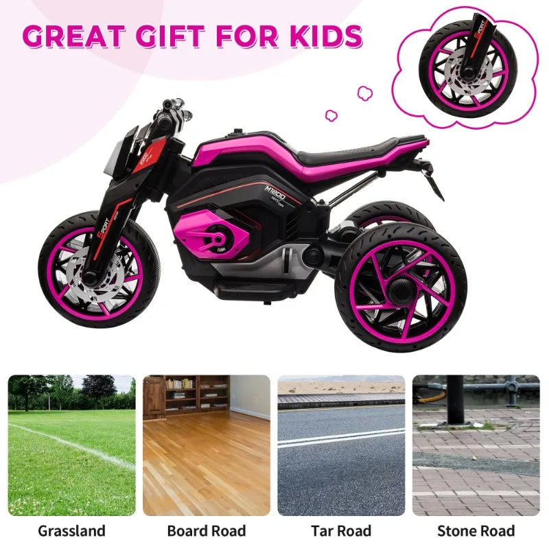 12V Three-wheel Ride On Motorcycle, Kids Electric Motorbike with Horns, LED Lights, Gift for Kids 3-8 Years,Rosy AXSSIBLZ