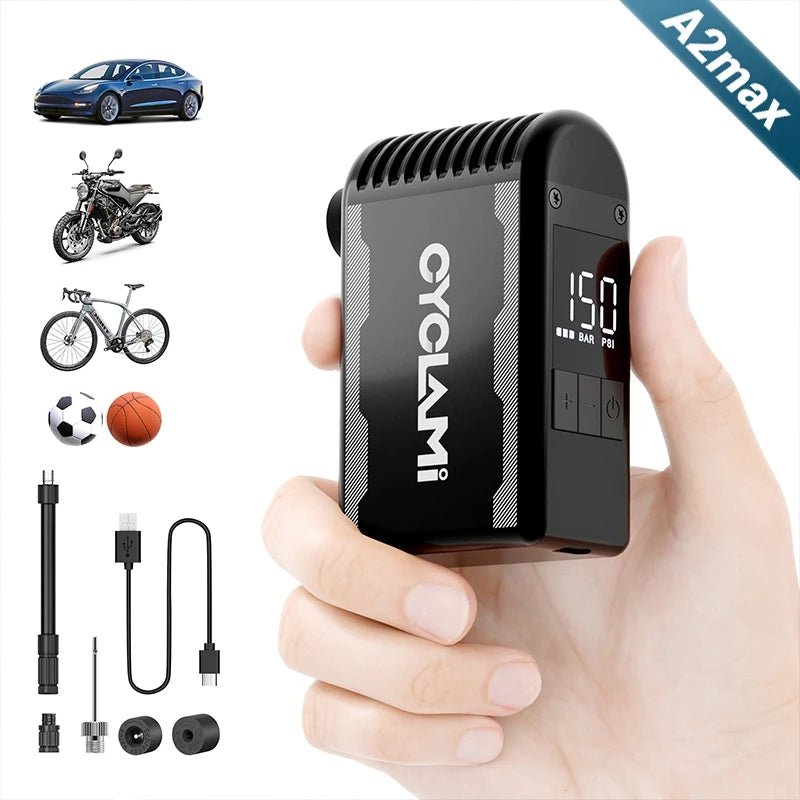 CYCLAMI RidePlus Mini Cordless Bike Pump 120PSI Portable Inflator for Presta & Schrader Tires – Ideal for MTB & Road Bikes AXSSIBLZ