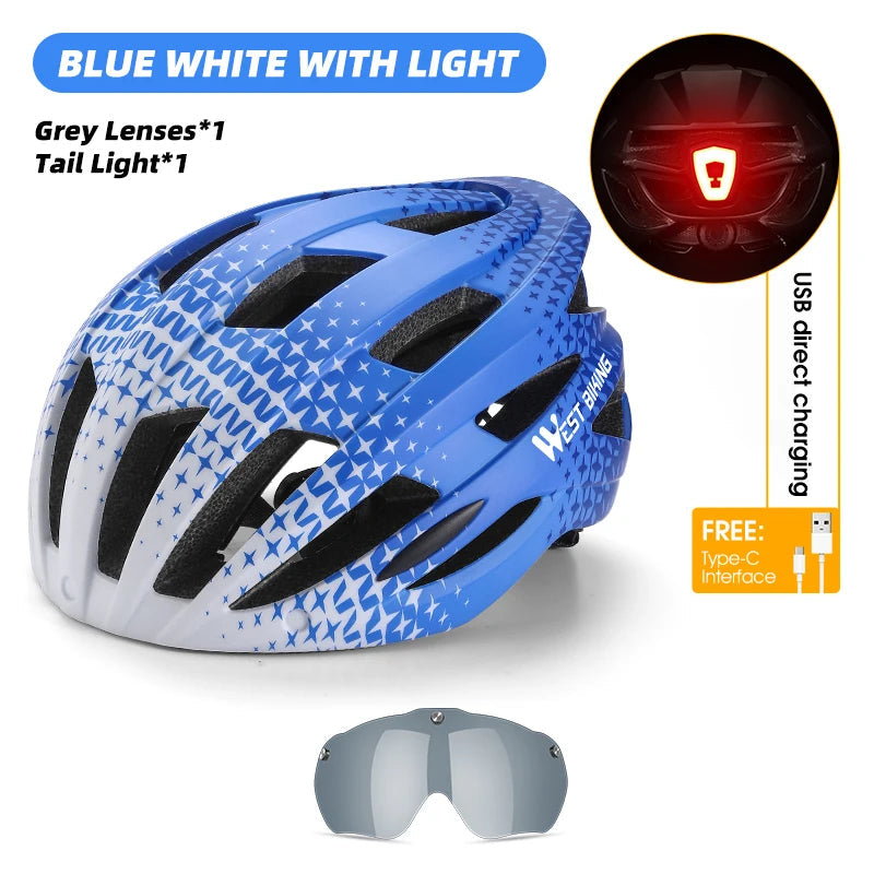 WEST BIKING Integrated Ultralight Bike Helmet With Taillight Goggle Men Women Cycling Safety Hat MTB Road Bike Motorcycle Helmet AXSSIBLZ