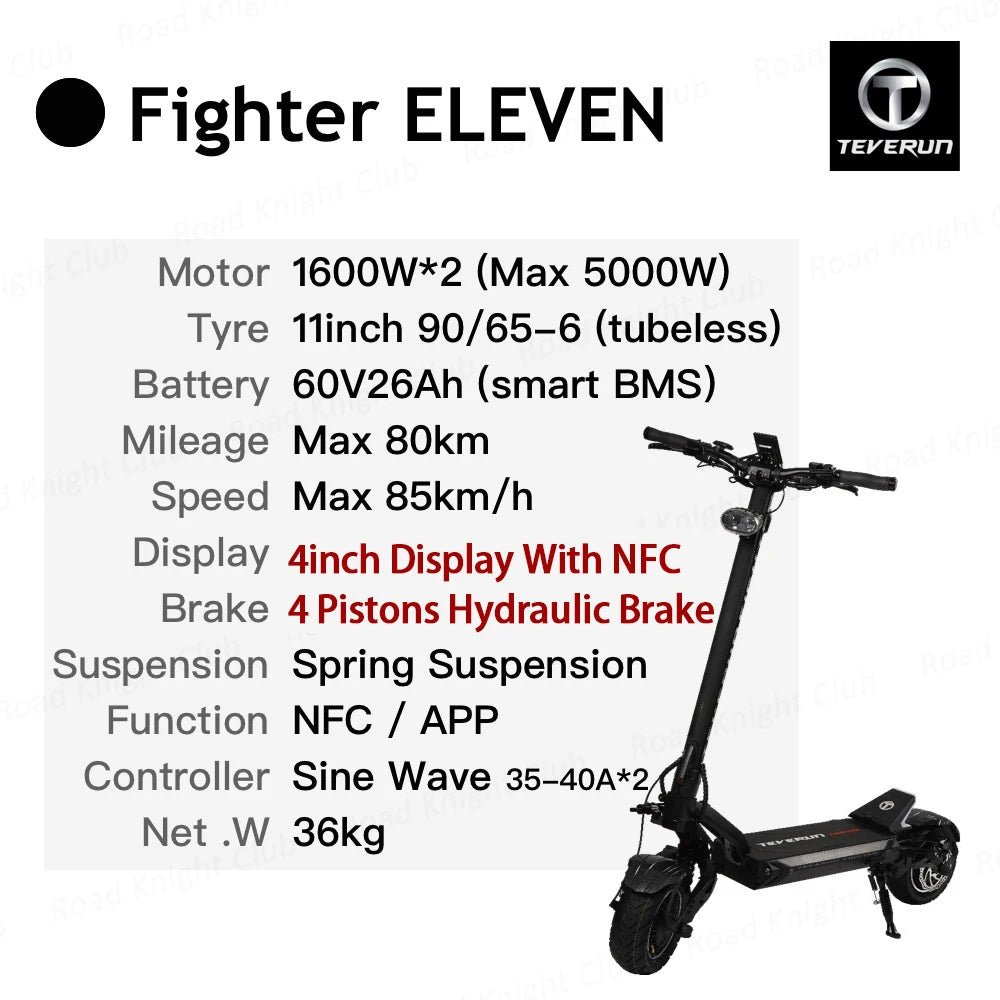 TEVERUN Fighter 11+ 60V 35Ah 26Ah Battery 1600W*2 Motor 4inch Display With NFC 4 Pistons Hydraulic Brake 11inch Tire Scooter AXSSIBLZ