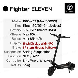 TEVERUN Fighter 11+ 60V 35Ah 26Ah Battery 1600W*2 Motor 4inch Display With NFC 4 Pistons Hydraulic Brake 11inch Tire Scooter AXSSIBLZ
